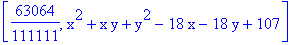 [63064/111111, x^2+x*y+y^2-18*x-18*y+107]